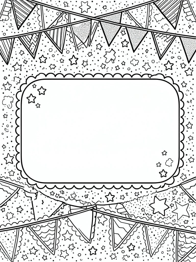 A black and white coloring page featuring bunting flags at top and bottom, scattered stars and dots, and a large blank rectangle with a scalloped border in the center.