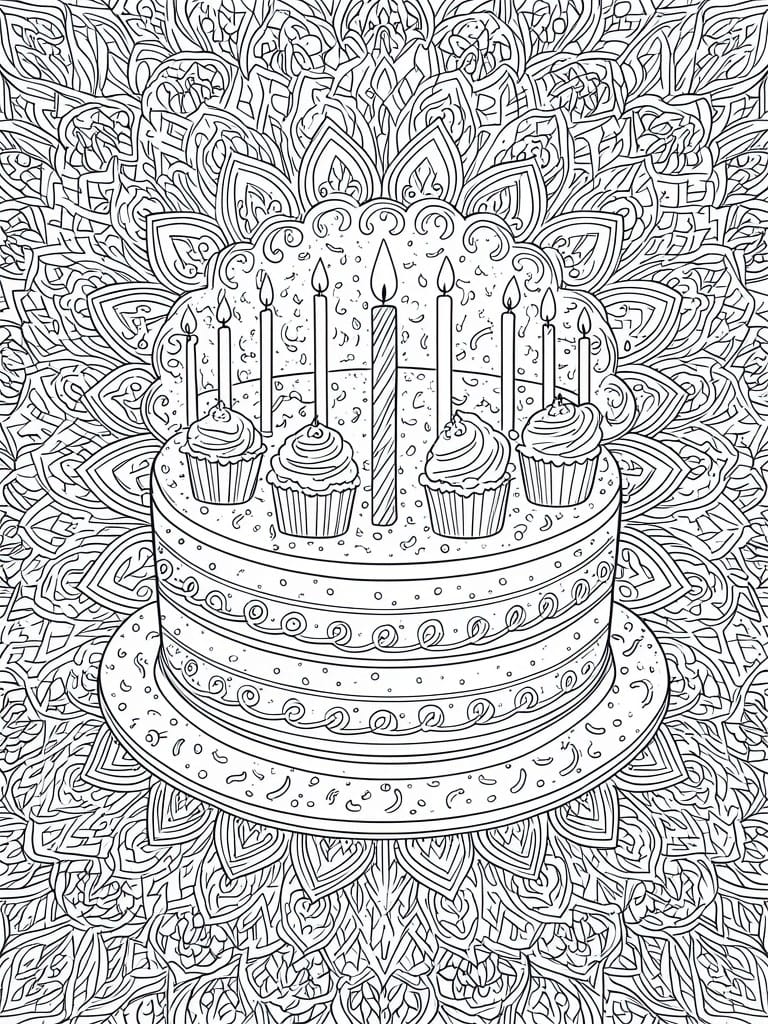 A line drawing of a two-tier birthday cake with seven candles and four cupcakes on top, surrounded by an elaborate mandala background.