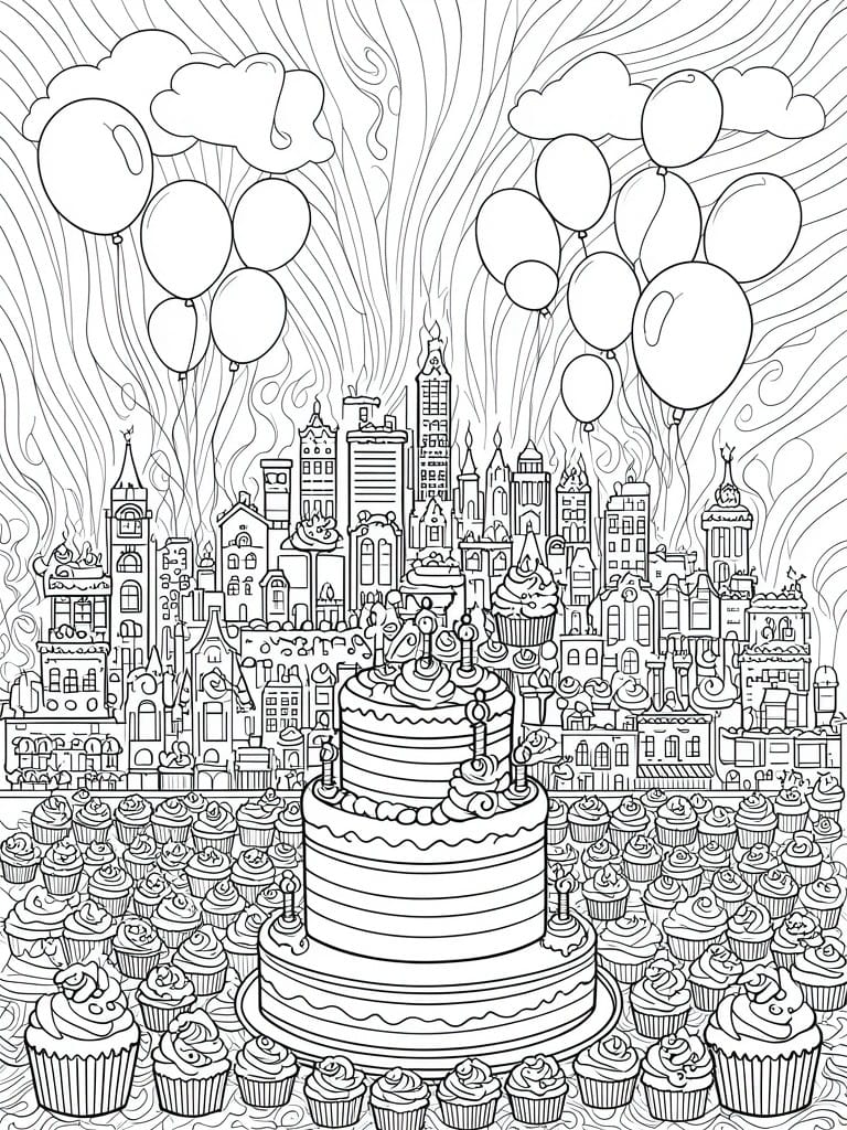 A black and white line drawing of a large three-tier birthday cake with candles, surrounded by many cupcakes, balloons, and a detailed city skyline.