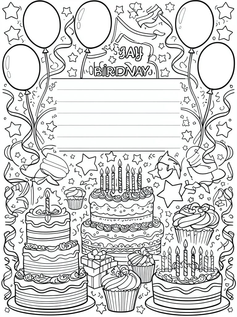 A black and white birthday coloring page featuring multiple cakes, cupcakes, balloons, stars, and a banner.