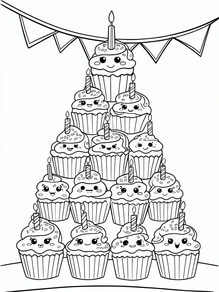 A black and white line drawing of stacked smiling cupcakes with candles forming a pyramid and bunting flags above.