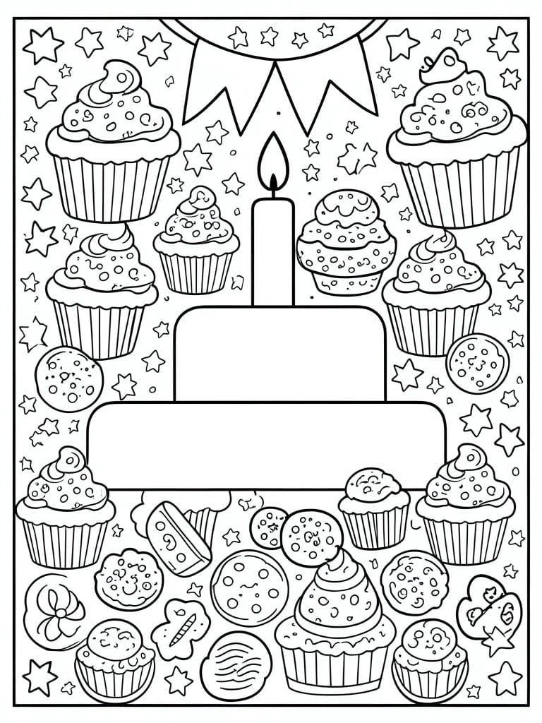 Coloring page featuring cupcakes, central candle, stars, cookies, and blank banners.