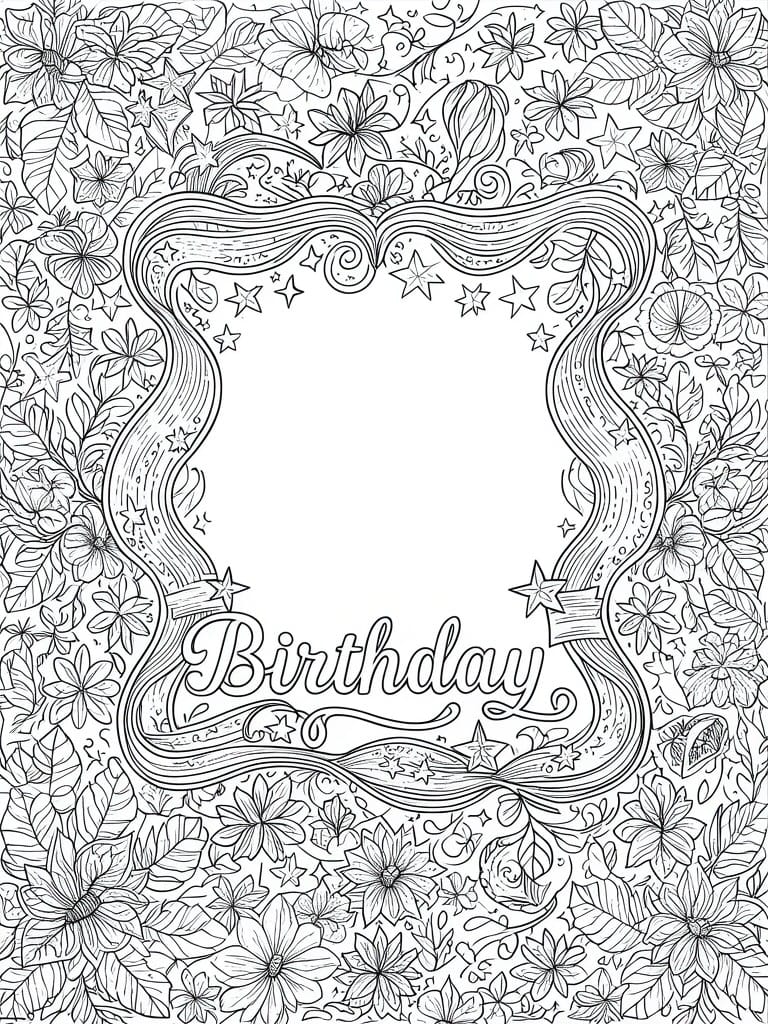 Coloring page with floral starry border framing the word Birthday