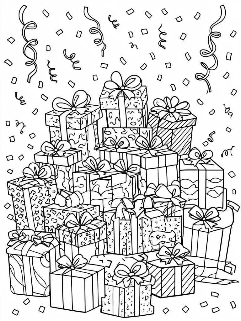 A black and white coloring page shows a tall stack of gift boxes with bows and confetti pieces scattered around them.