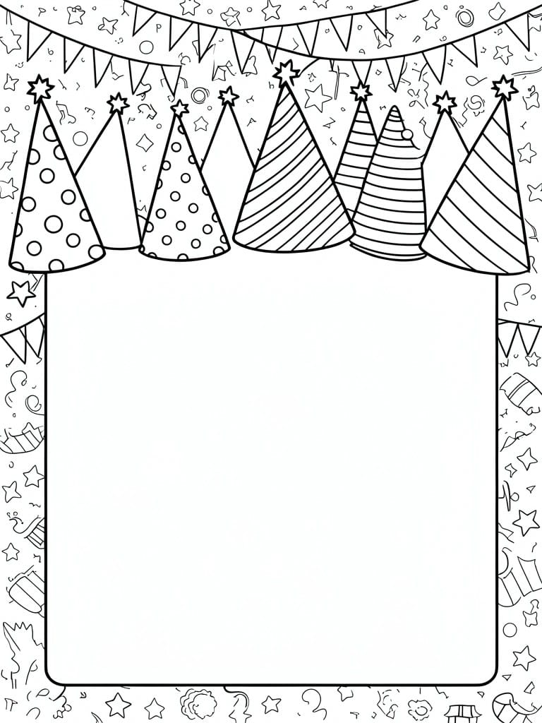 A coloring page with multiple birthday party hats in different patterns at the top, bunting flags above, and scattered stars and confetti around the borders, with a large blank rectangle in the center.
