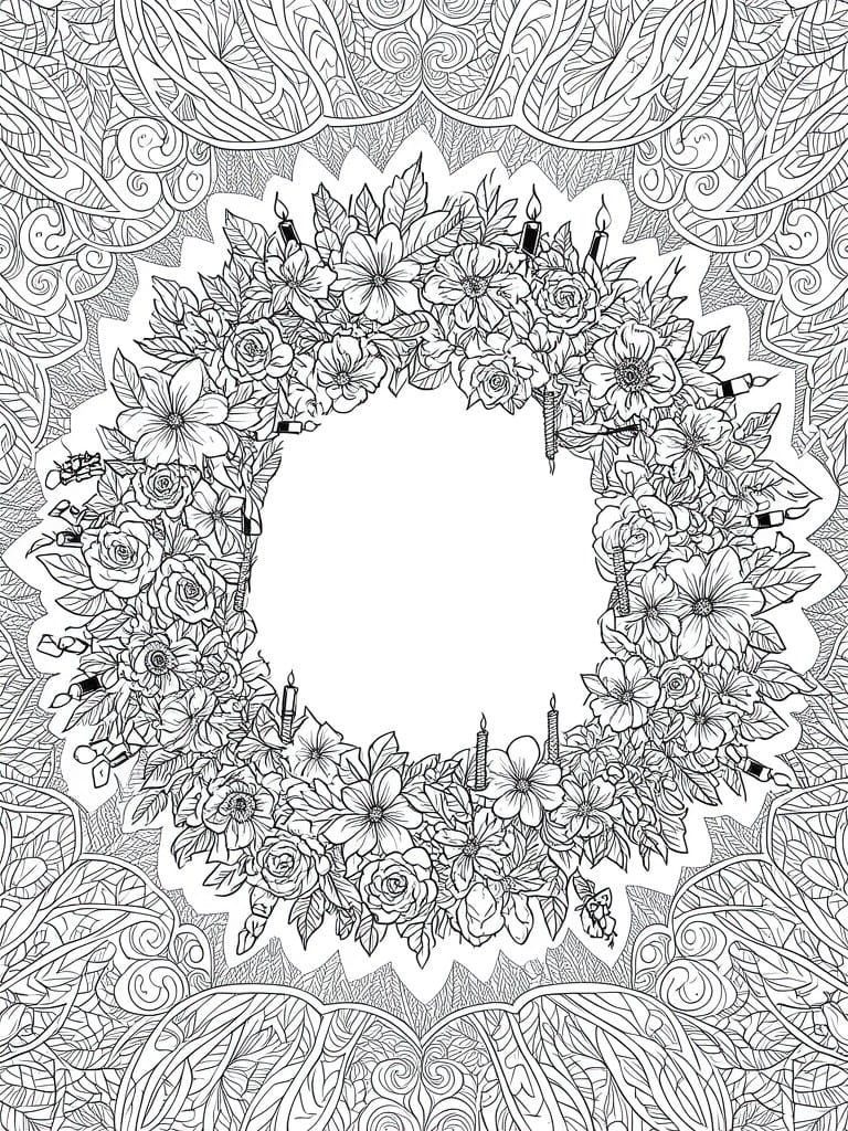 A black and white coloring page of a circular flower wreath with candles and intricate outer patterns.