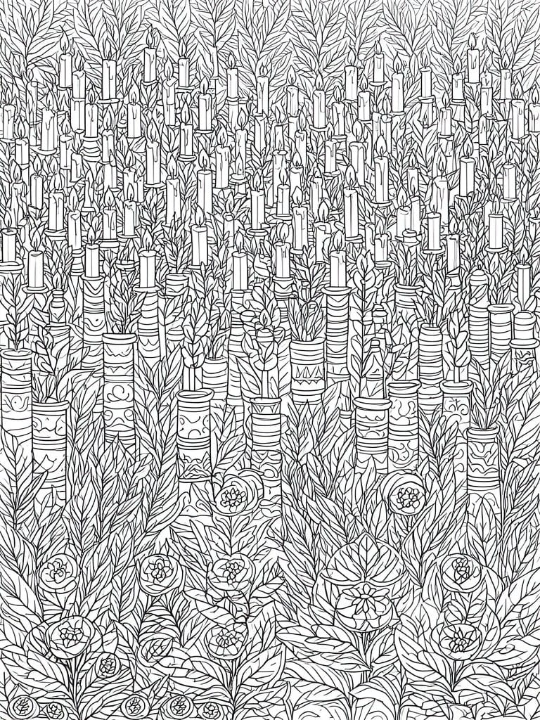 Dense black-and-white line art of lit candles amid foliage and flowers.