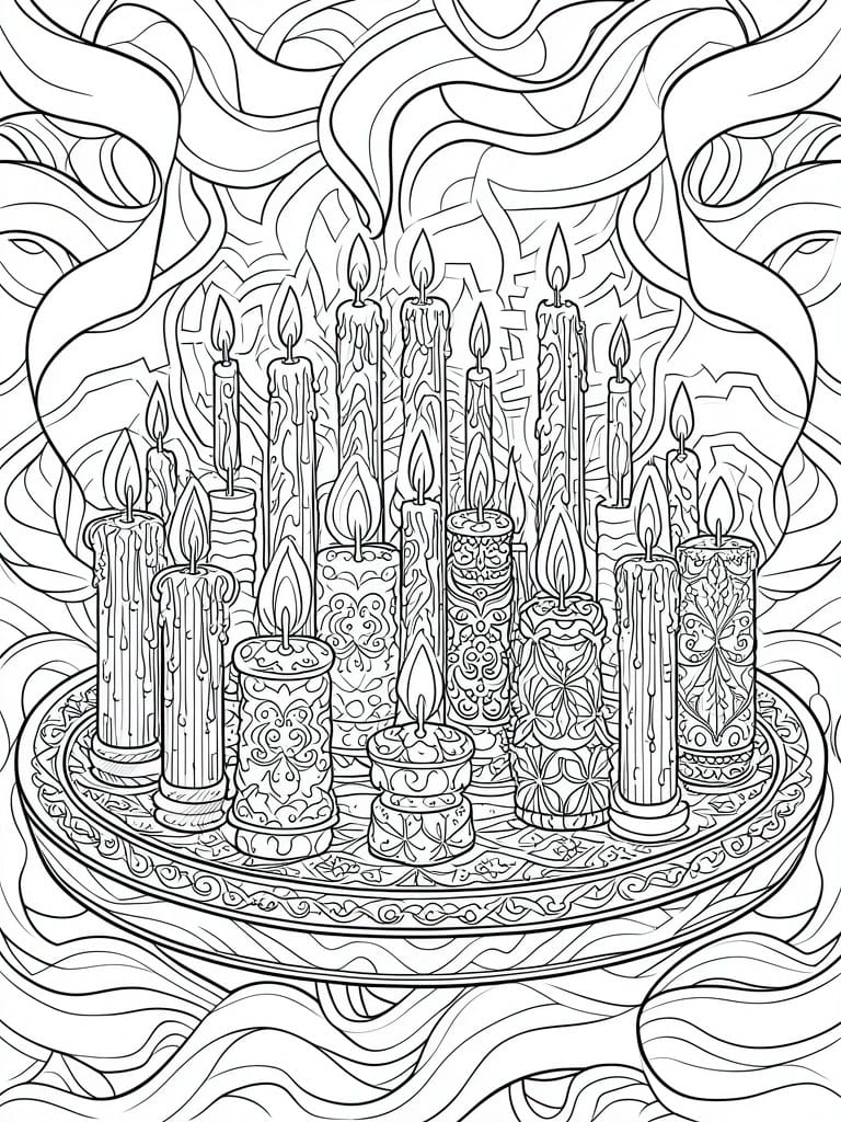 Intricate coloring page of assorted lit candles on an ornate tray with swirling flames.