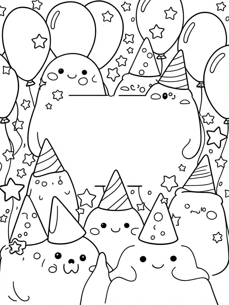 Black and white coloring page of several cute rounded characters wearing party hats surrounded by balloons and stars.