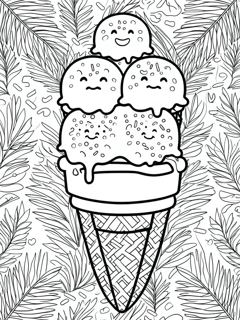 Kawaii ice cream cone with three smiling scoops atop a patterned waffle base amid leaves