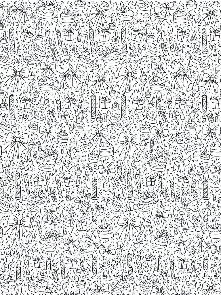 Black and white pattern of birthday cakes, candles, gifts, and bows.