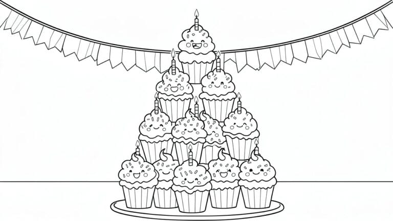 23 Colorful Birthday Coloring Pages for Party Tables and Quiet Corners A black and white line drawing of stacked smiling cupcakes with candles forming a pyramid and bunting flags above.