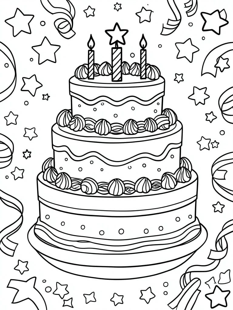 A black and white line drawing of a three-tier birthday cake with candles on top, surrounded by stars, streamers, and balloons.