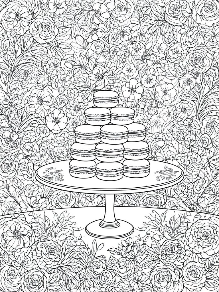 A black and white line drawing shows a cake stand holding stacked macarons with a dense background of flowers.