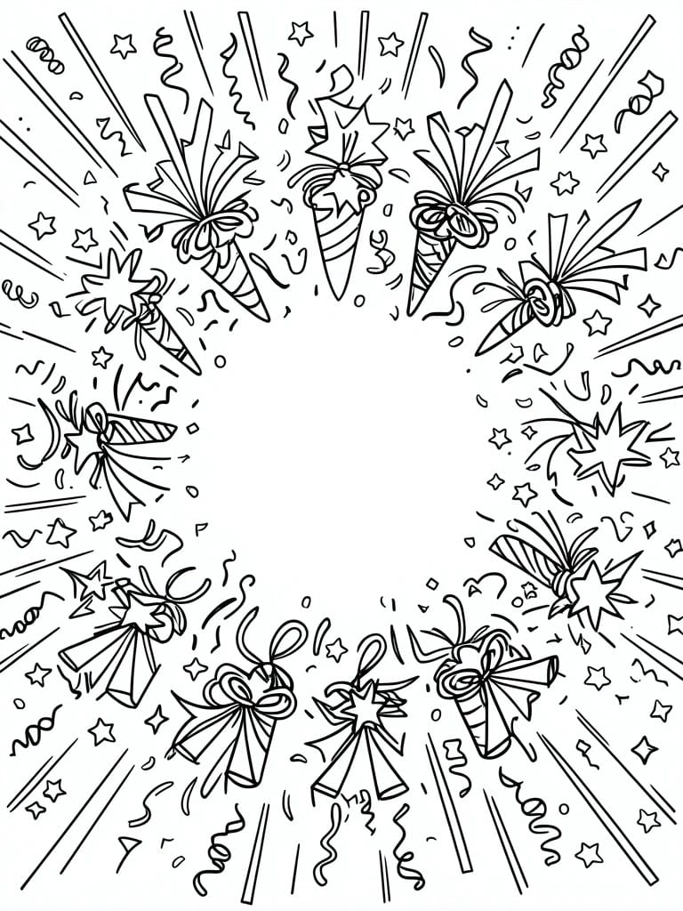 Coloring page with fireworks, party poppers, stars, and confetti in circular bursts