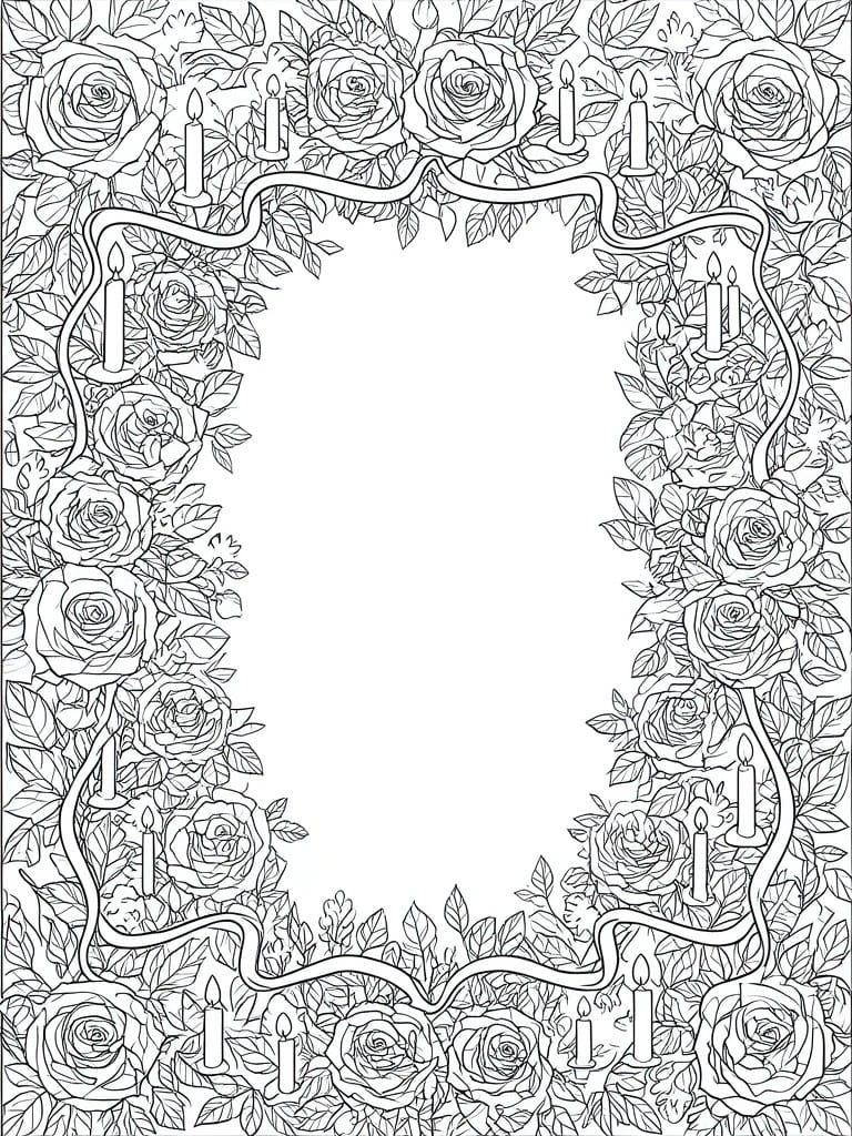 Coloring page with intricate rose and candle border framing empty center space