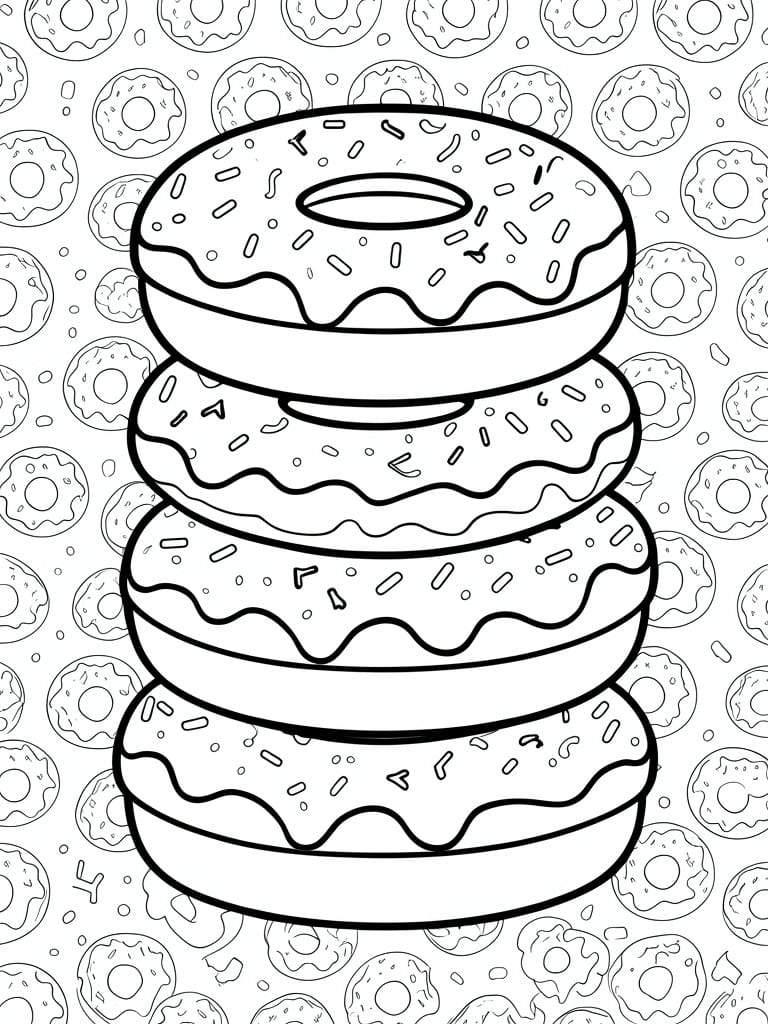 Line drawing of four stacked sprinkled donuts on a background of outlined donuts
