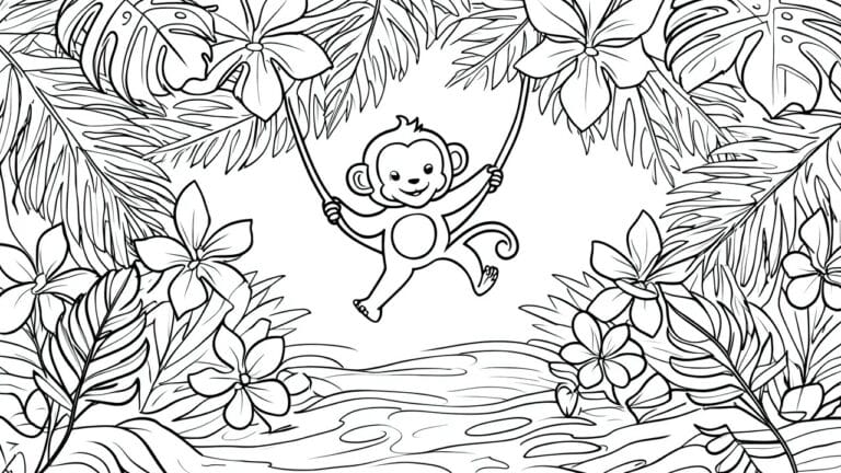 20 Creative Jungle Animal Coloring Pages Full of Monkeys, Tigers, and Tropical Leaves A black and white coloring page shows a monkey hanging from a vine surrounded by jungle leaves and flowers.