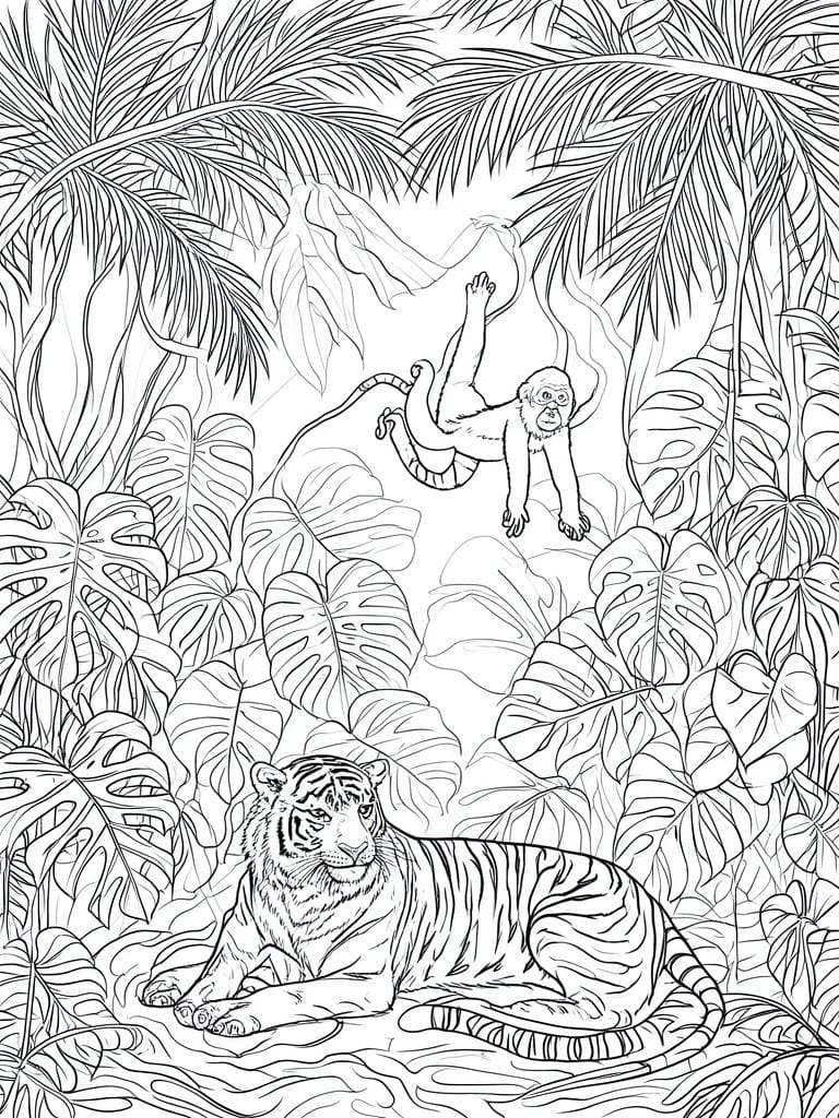 Coloring page of a tiger resting and monkey swinging amid jungle foliage