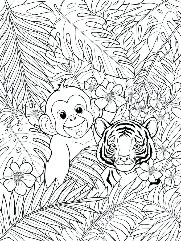 Coloring page of smiling monkey and tiger amid jungle leaves and flowers