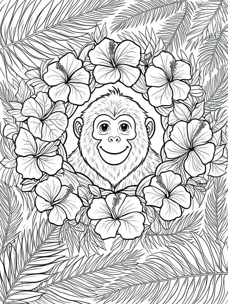 A coloring page of a monkey face surrounded by hibiscus flowers and tropical leaves in a circular arrangement.