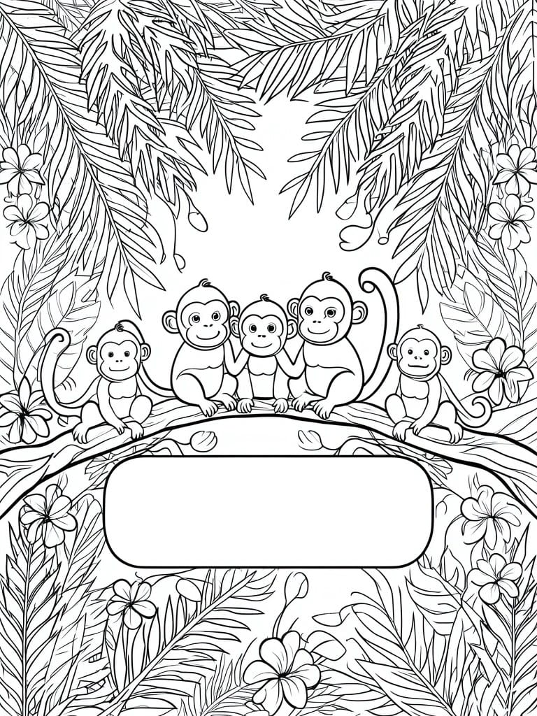 A black and white coloring page of five monkeys sitting on a branch with jungle leaves and flowers around them and an empty oval shape below.