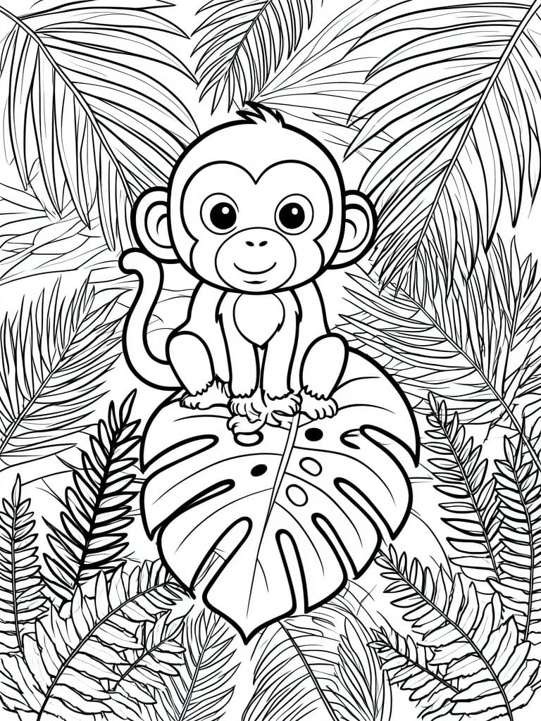 Cartoon monkey perched on oversized leaf amid dense jungle foliage coloring page