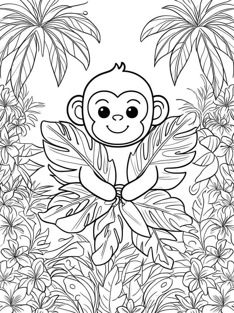 Cute cartoon monkey smiling amid jungle palm trees, leaves and flowers in line art
