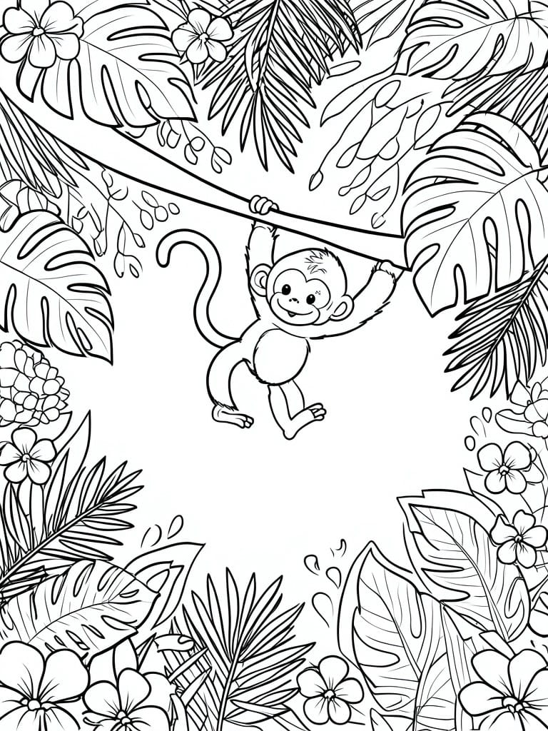 A black and white coloring page shows a monkey hanging from a vine surrounded by jungle leaves and flowers.