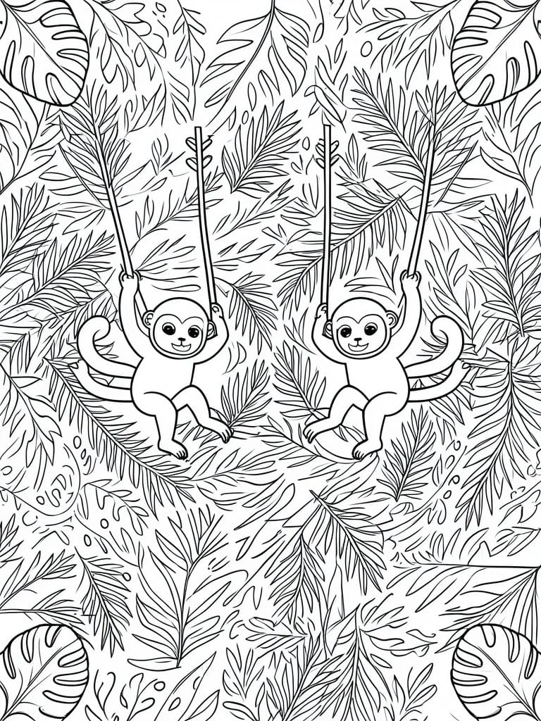 Two cartoon monkeys swinging on vines in dense jungle foliage coloring page