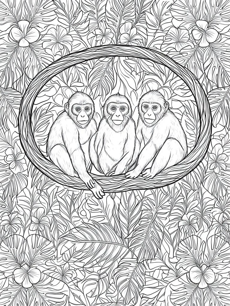 Three monkeys sit together on a branch inside an oval frame with dense tropical leaves and flowers filling the background.