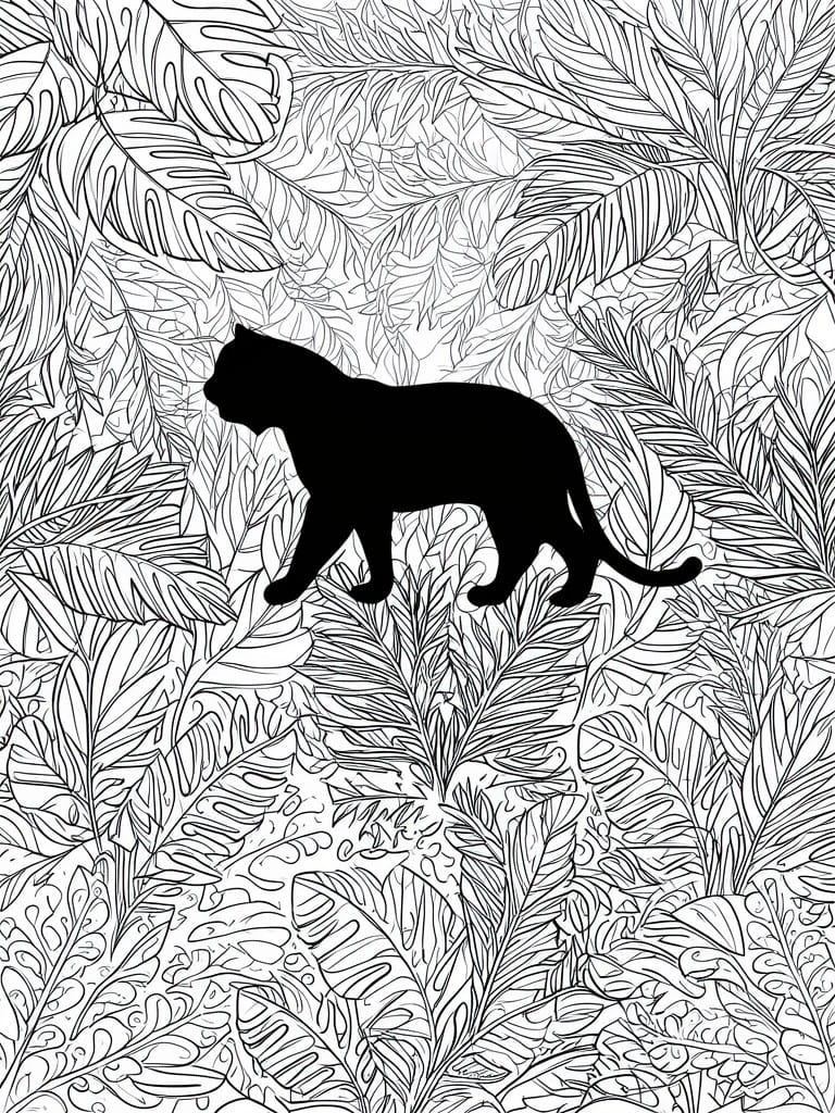 A black silhouette of a panther walking among many outlined tropical leaves.