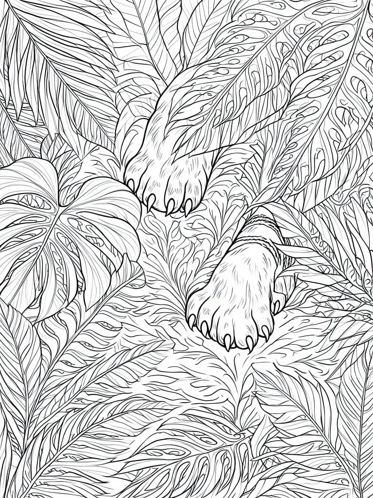 Coloring page of two furry animal paws with claws surrounded by many overlapping tropical leaves.