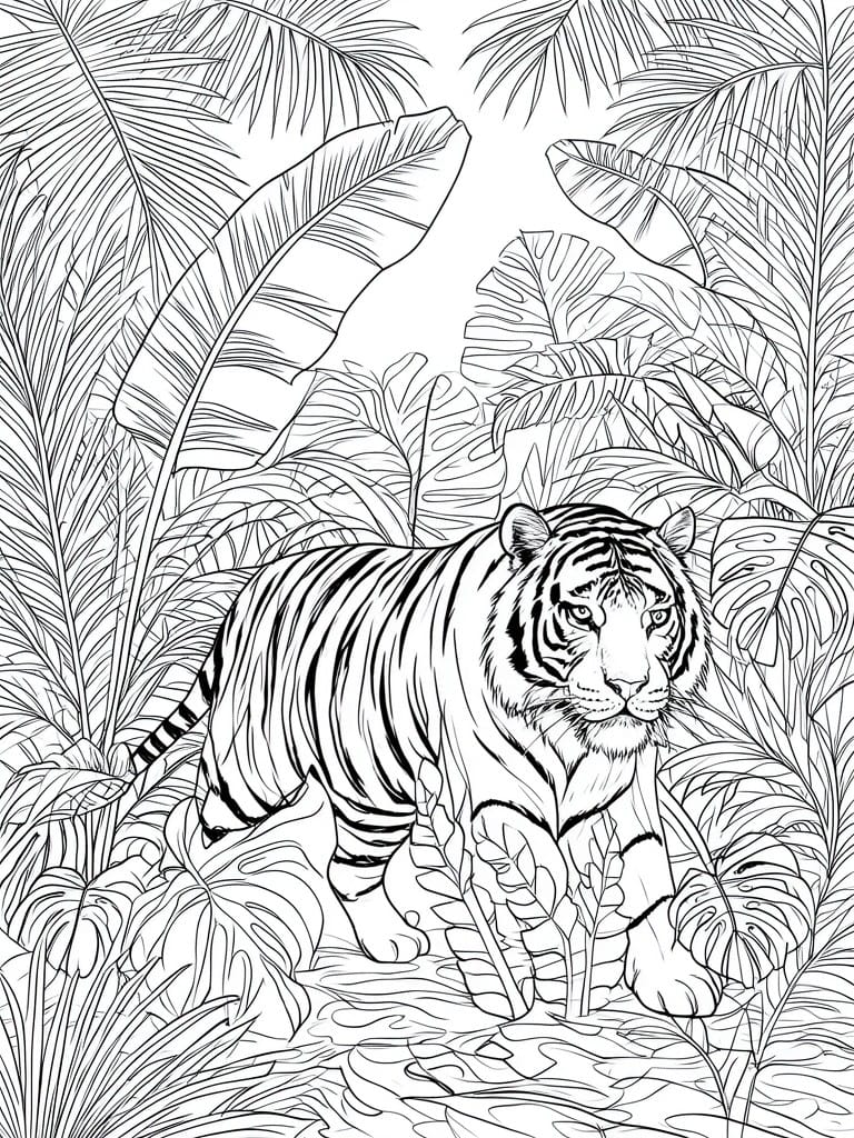 Black and white line drawing of tiger amid dense jungle foliage
