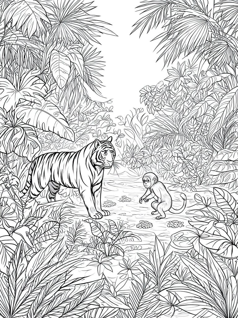 A black and white line drawing of a tiger and a monkey facing each other in a jungle filled with tropical leaves and plants.