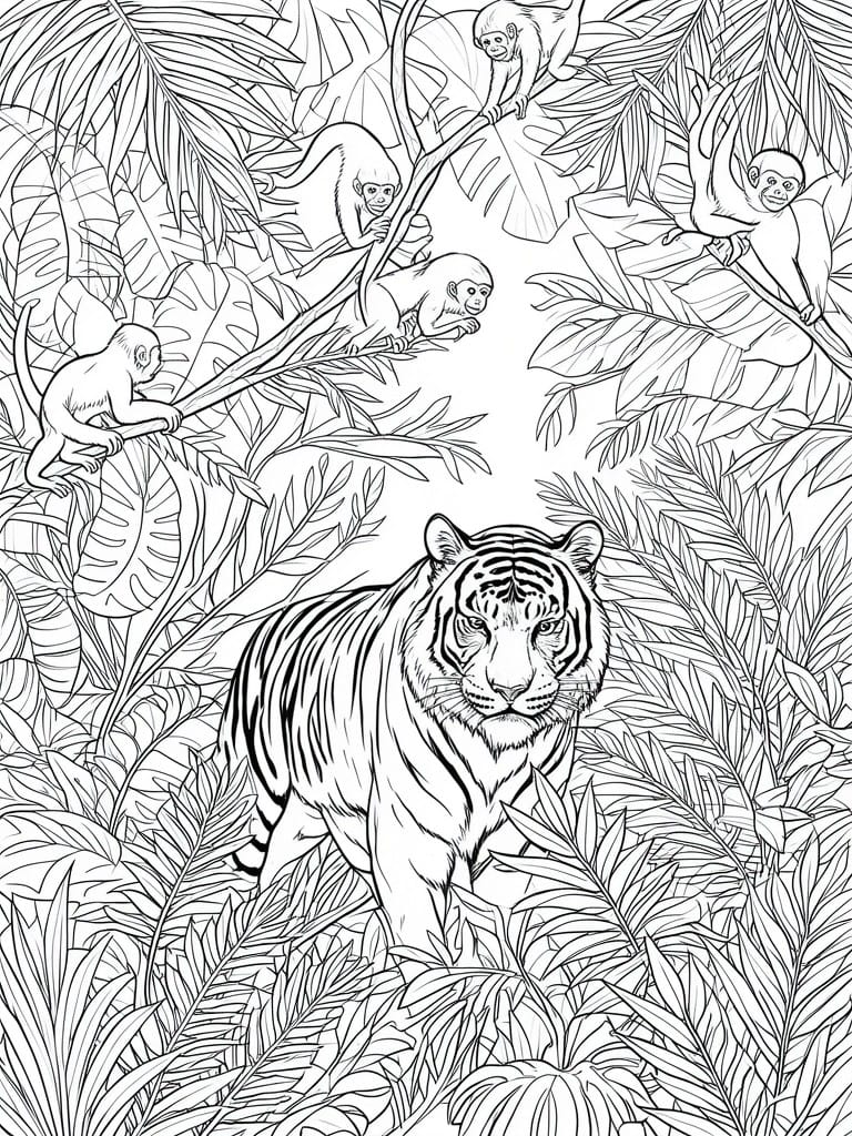 A black and white line drawing of a tiger in the foreground with monkeys on branches surrounded by jungle leaves.