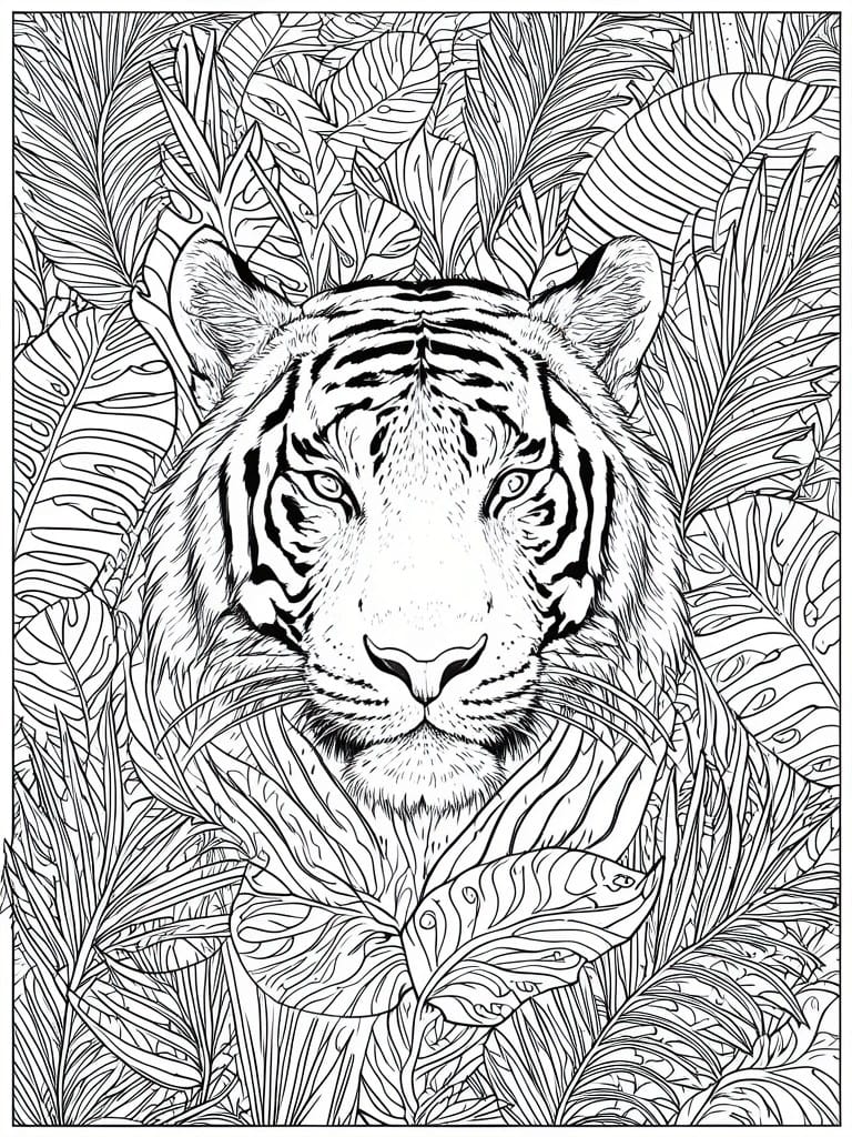 A black and white line drawing of a tiger face centered among many tropical leaves and jungle plants.