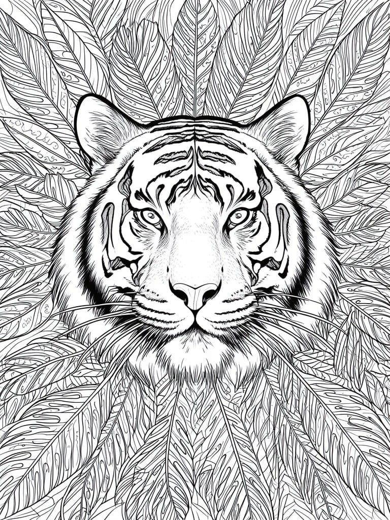 A black and white line drawing of a tiger face centered among detailed overlapping leaves.