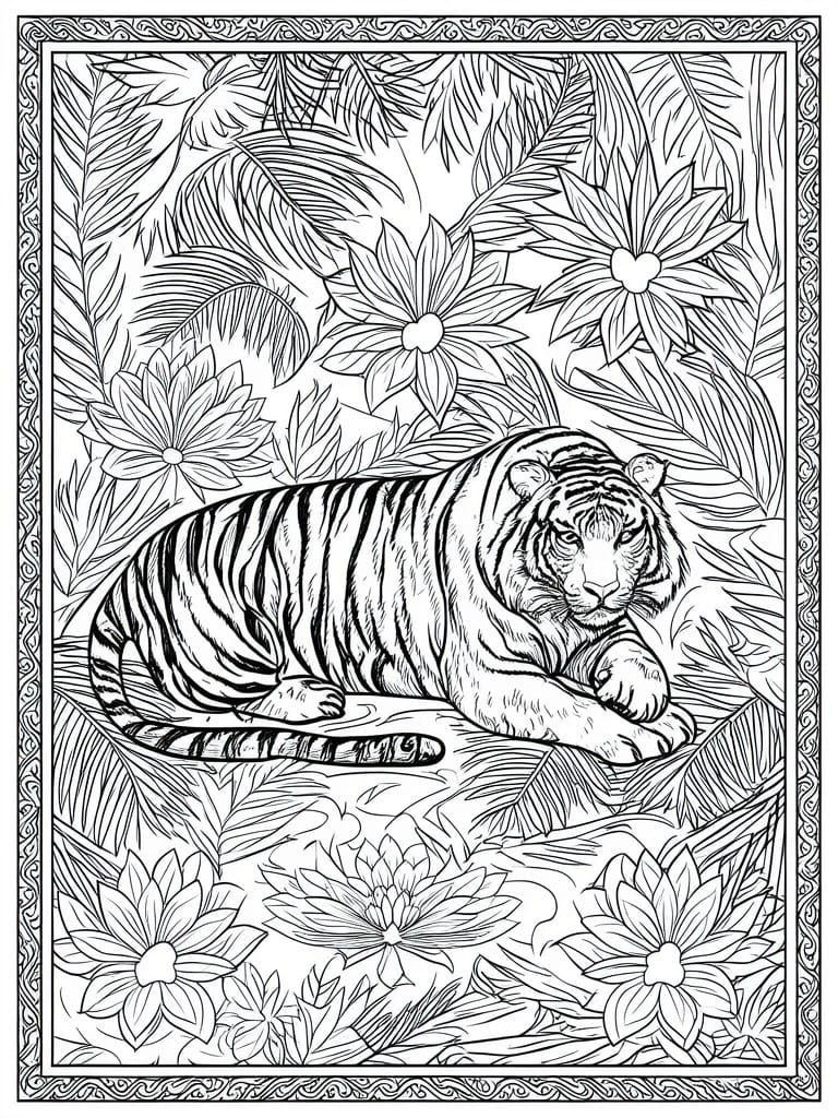 A black and white line drawing of a tiger lying down surrounded by large flowers and tropical leaves inside a decorative border.
