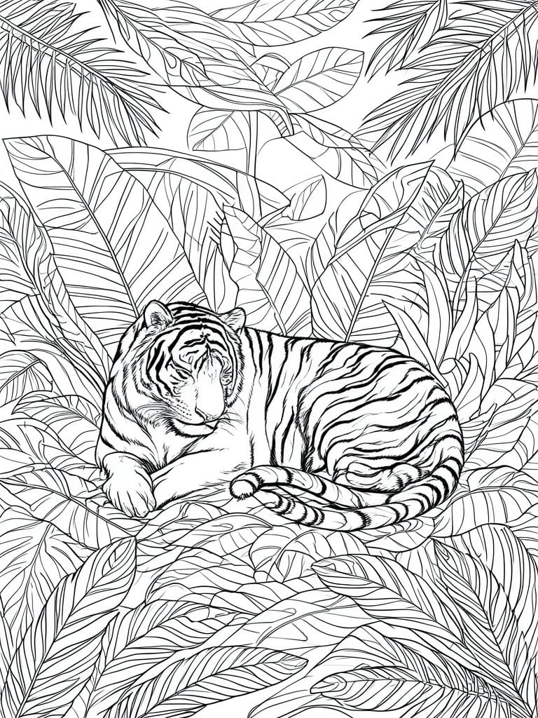 Black and white line drawing of tiger resting among tropical leaves