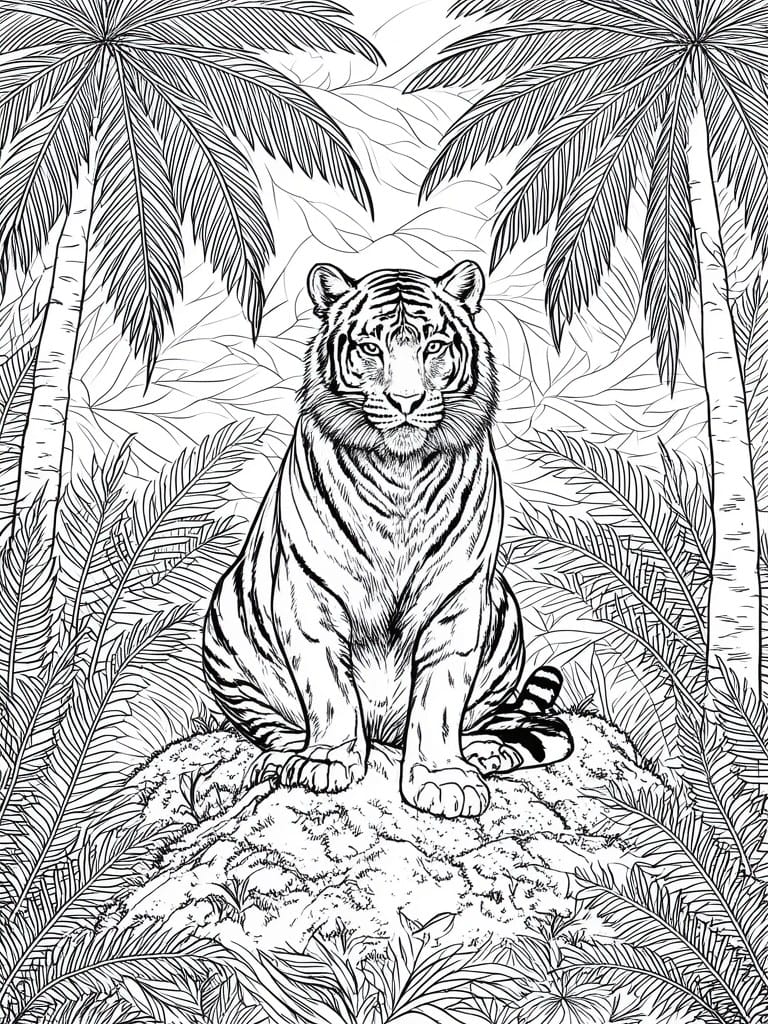 A black and white line drawing of a tiger sitting on a rock surrounded by palm trees and tropical leaves.