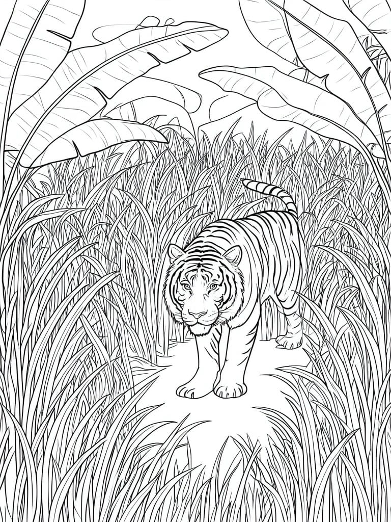 Striped tiger walking through tall grass amid large tropical leaves in line art.