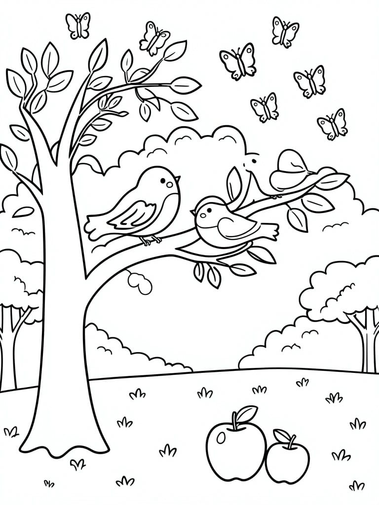 A black and white line drawing shows a large tree with birds on its branches, butterflies above, and two apples on the grass below.