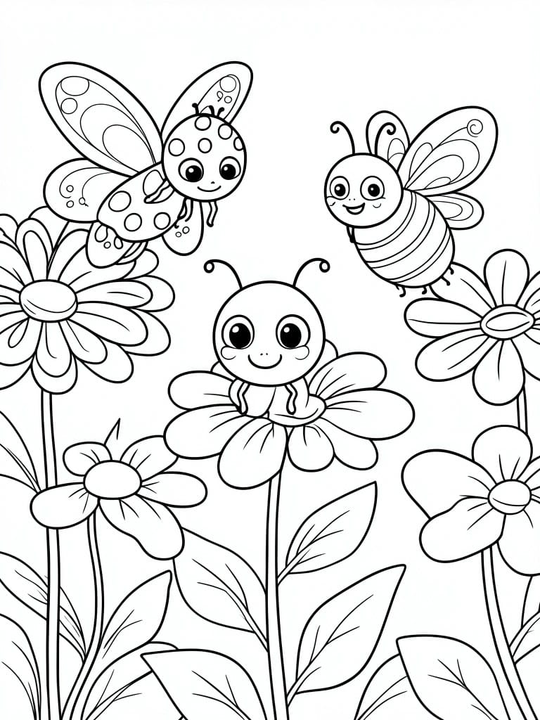 Black and white line drawing of three cartoon insects with smiling faces and three large flowers on stems.