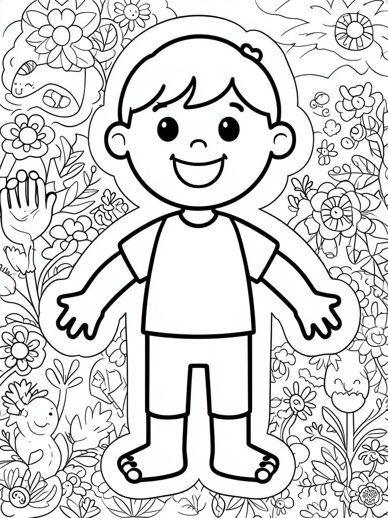 A simple line drawing of a smiling child with outstretched arms surrounded by flowers, a mushroom, and a snail in a garden setting.