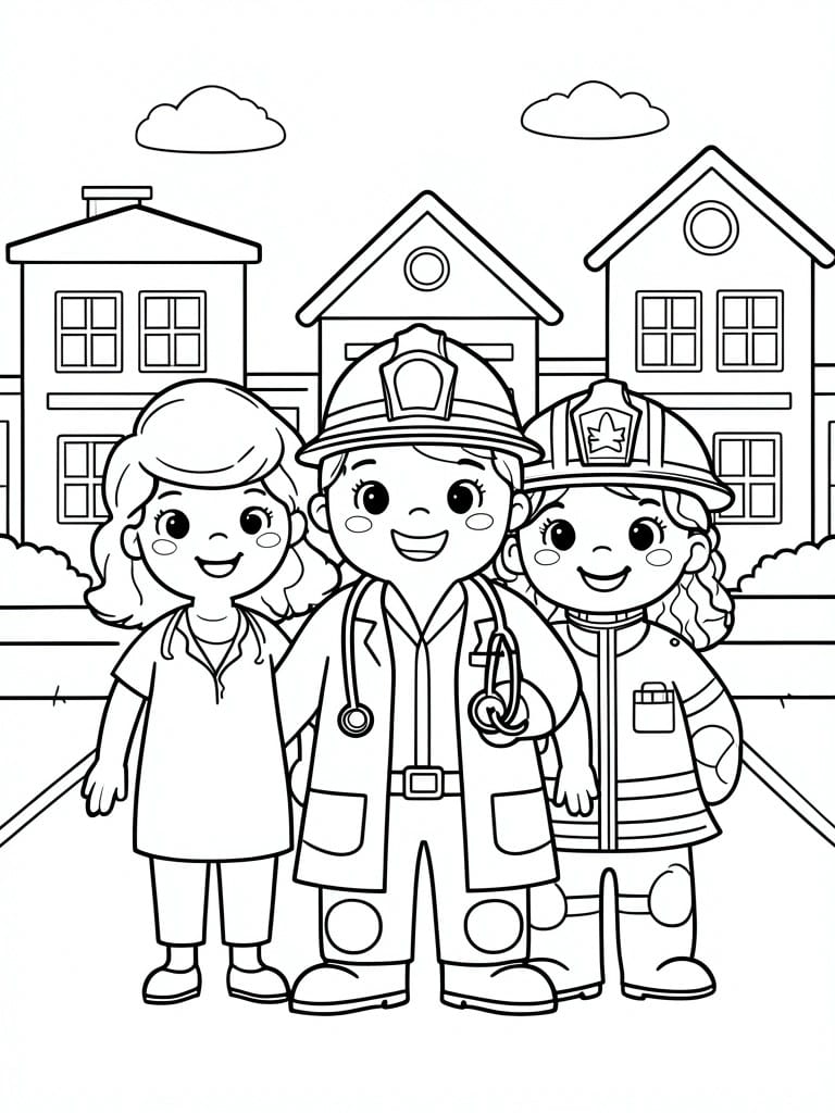 A black and white line drawing of three cartoon children wearing firefighter and doctor outfits standing together in front of houses.