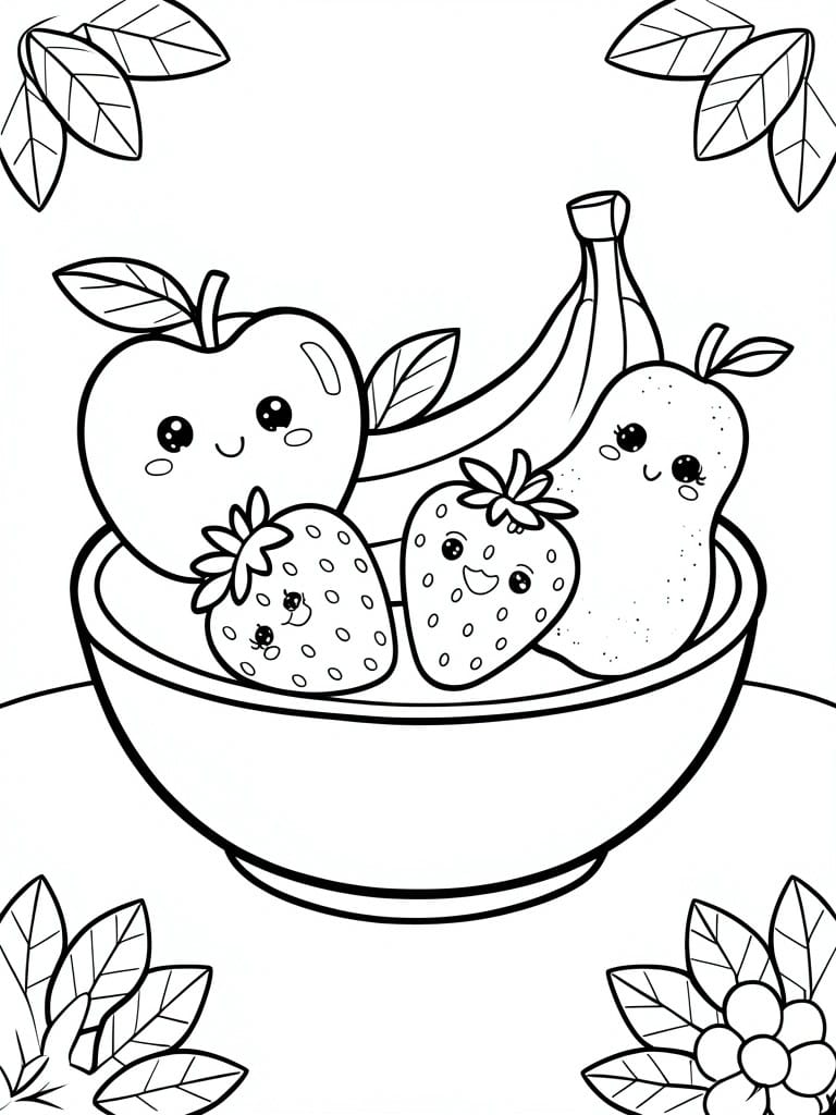 A black and white line drawing shows a bowl holding an apple, two strawberries, bananas, and a pear, each with simple cartoon faces, surrounded by scattered leaves and one flower.