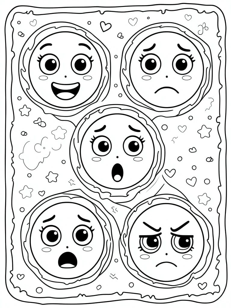 Coloring page with five emoji faces showing happy, sad, surprised, scared, and angry expressions.