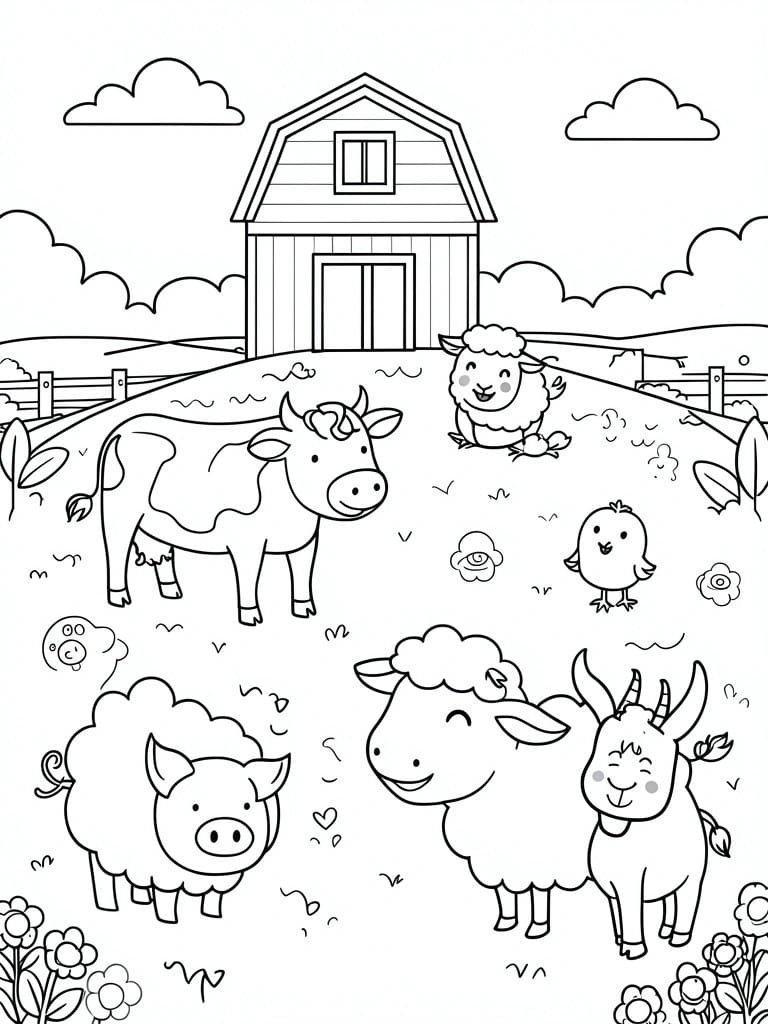 A black and white line drawing of a barn with a cow, sheep, pig, goat, chick, and flowers scattered across a field.