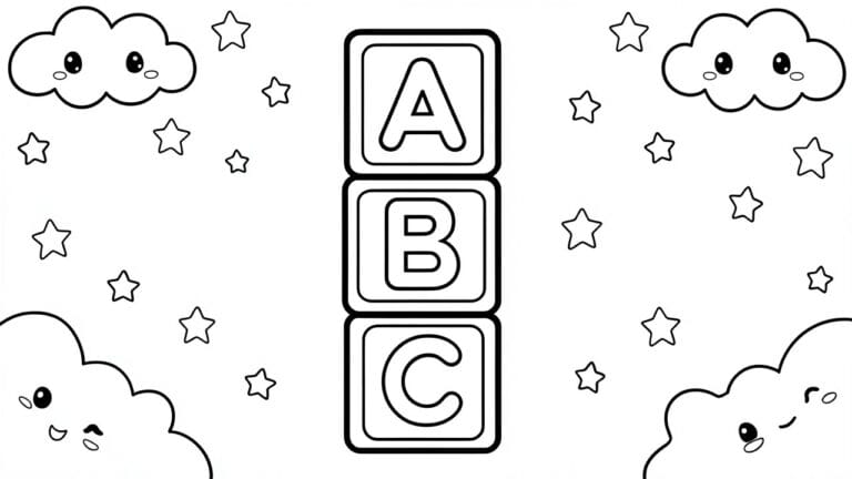 23 Cute Preschool Coloring Pages for Early Learning and Fine Motor Practice Line drawing of stacked ABC blocks amid stars and fluffy clouds.